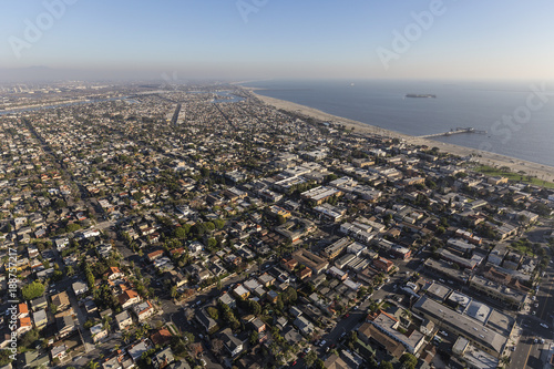 Aerial cityscape of Long Beach neighborhoods near Belmont Pier in Southern California.