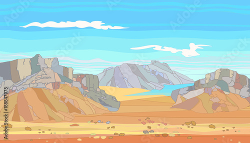 Large mountain ranges, desert terrain, rocks, wildlife background.