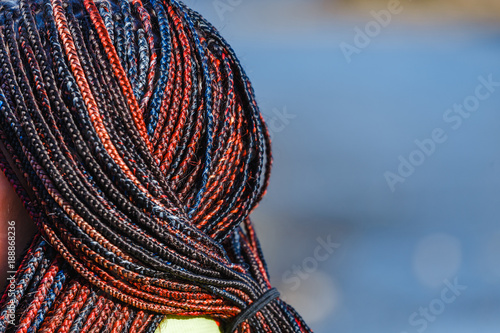 Close-up of woman afro braids and dreadlocks, outdoor shot