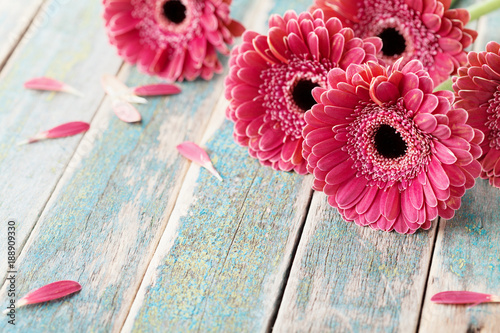 Deep color bouquet from beautiful gerbera daisy flowers on vintage wooden background. Greeting card for mother or womans day..