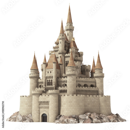 Old fairytale castle on the hill isolated on white.