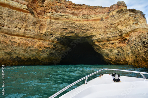 Sea cave on the Algarve coast near Benagil, Portugal, Europe. Nature geology seen from boat trip. 