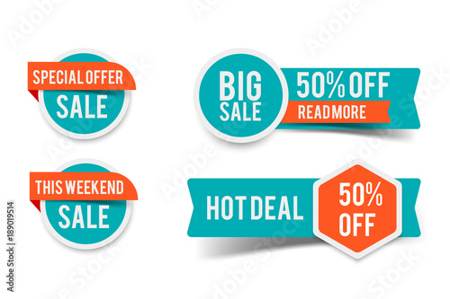 Sale round banner set, circle special offer tag collection. Hot deal 50% off badge template, this weekend only sale icon