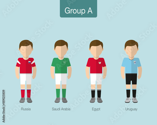 2018 Soccer or football team uniform. Group A with RUSSIA, SAUDI ARABIA, EGYPT, URUGUAY. Flat design.