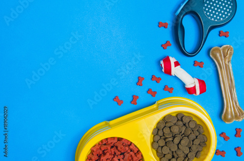 Dry dog food in bowl and pet accessories on blue background top view. Pet feeding concept backgrounds with copy space. Frame composition.