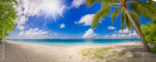 super wide panorama with tropical paradise dream beach
