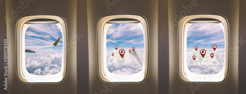 three windows airplane with map and location travel concept 