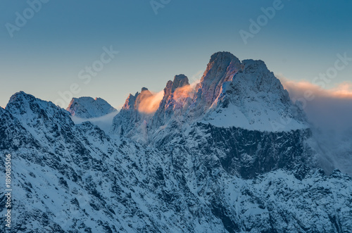 Winter mountain landscape, Ganek peak in Tatra mountains, sunrise