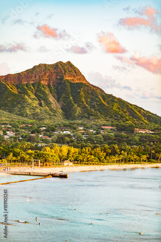 Hawaii travel Honolulu city vacation destination. Waikiki beach with Diamond Head mountain in background. Urban landscape for USA travel summer getaway.