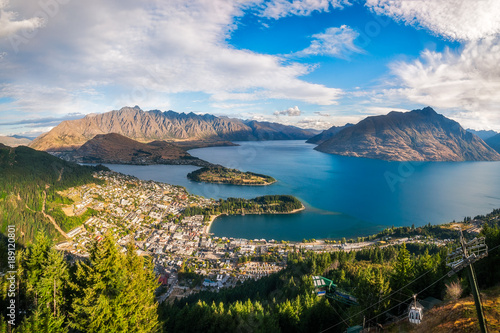 Queenstown Panorama at golden hour, New Zealand, South Island. View from Queenstown Skyline, main attraction in the alpine city.