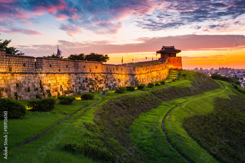 Hwaseong Fortress in Sunset, Traditional Architecture of Korea at Suwon, South Korea.