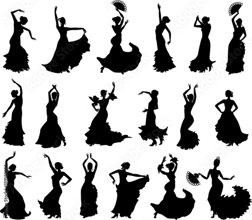 Large set of silhouettes of flamenco dancers