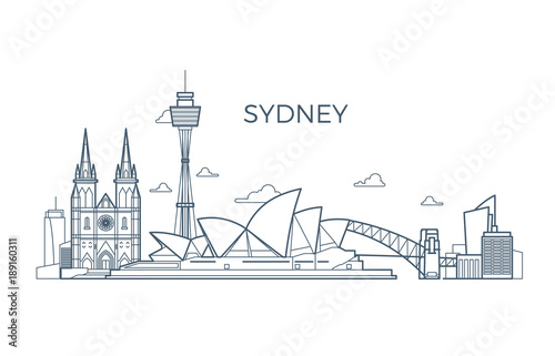 Sydney city line skyline with buildings and architecture showplaces. Australia world travel vector landmark