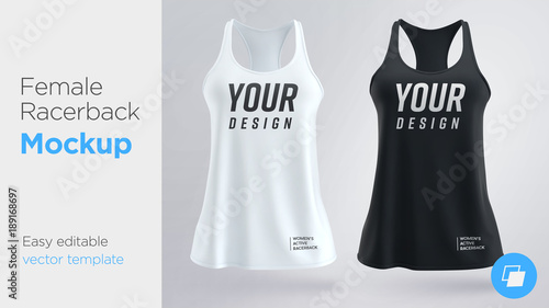 Women's white and black sleeveless tank top. Female active racerback mockup