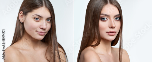 Comparison fullface half profile type of portrait of beautiful brunette green-eyed girl without makeup and with makeup on, including lipstick, mascara and eyshadows. Photoshopped, retouched.