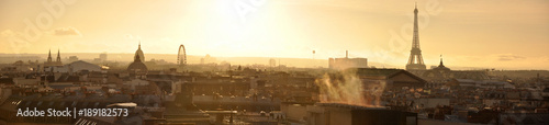 Panoramic View of Paris seen from Rooftops at Sunset