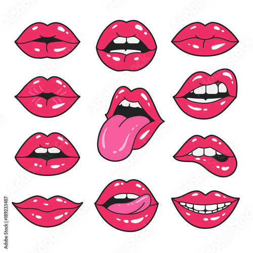 Lips patches collection. Vector illustration of sexy doodle woman's lips expressing different emotions, such as smile, kiss, half-open mouth, biting lip, lip licking, tongue out. Isolated on white.