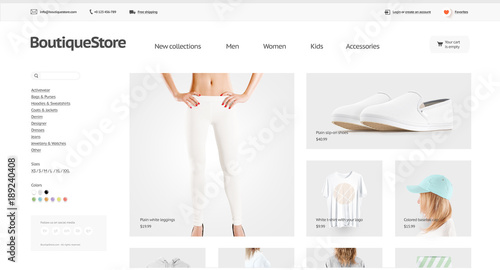 Fashion web store template mock up isolated, 3d illustration. Clothing web page interface mockup. Internet website template. Websstore screen layout for computer display.