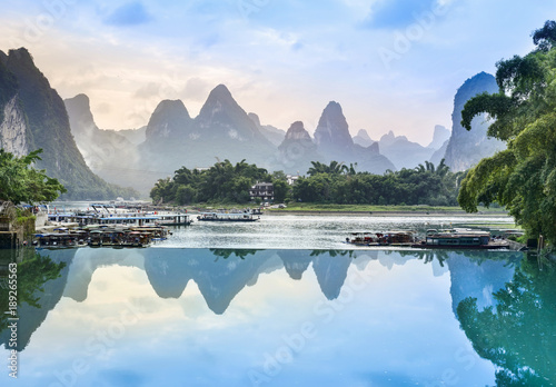 Landscape of Guilin, Li River and Karst mountains. Located in The Ancient Town of Xingping, Yangshuo, Guilin, Guangxi, China.