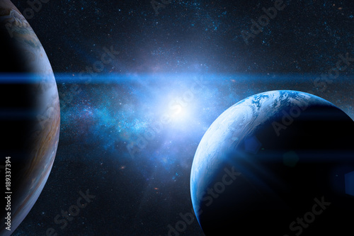 Earth in the outer space with beautiful planet. Blue sunrise. Elements of this image furnished by NASA.