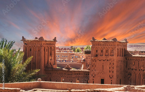 Narrow streets of Kasbah Ait Ben Haddou in the desert at sunset, Morocco