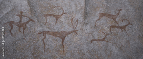 Drawing in a cave painted by a caveman - a wall of rock.