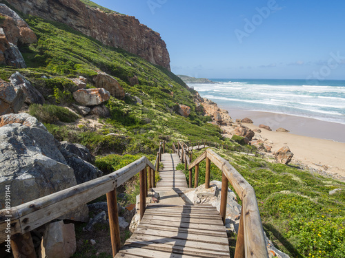 Garden Route - Robberg Nature Reserve - Wooden walkway leading down to beautiful beach and ocean on Robberg Island