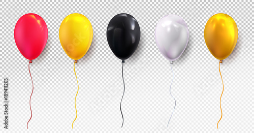 Red, yellow, black, white and glossy golden balloon. Glossy realistic balloon for Birthday party. For your design and business. Vector illustration. Isolated on transparent background