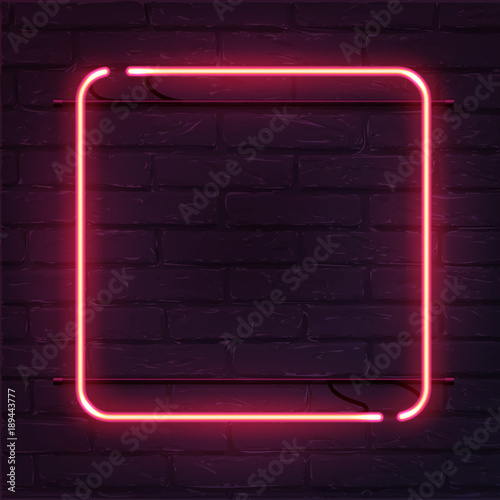 Square pink neon sign. Vector realistic neon rectangle on brick wall.
