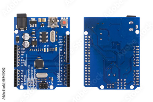 arduino UNO - Board for teaching electronics, programming and robotics. Two kinds - top and bottom on a white background isolated.