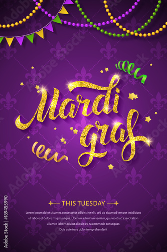 Mardi gras logo with golden hand written lettering, beads, ribbons and stars on traditional purple background. Fat tuesday greeting card