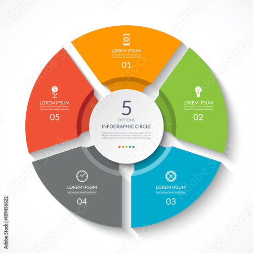 Infographic circle. Process chart. Vector diagram with 5 options. Can be used for graph, presentation, report, step options, web design.