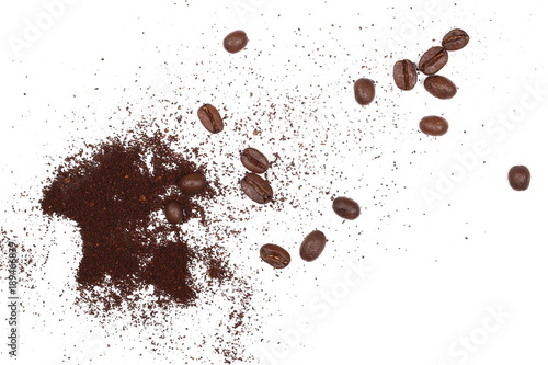Pile of powdered, instant coffee grains and beans isolated on white background, top view