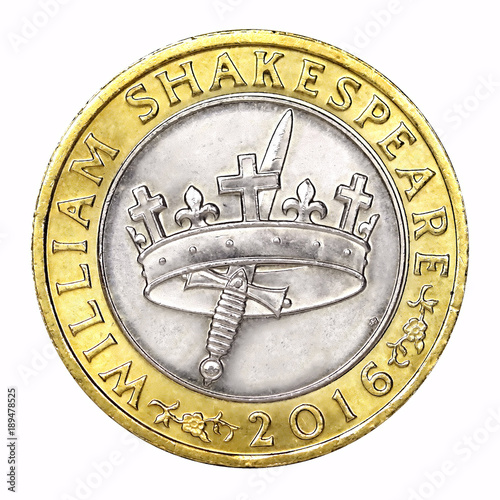 William Shakespeare histories two pound coin with hollow crown and dagger design isolated on a white background