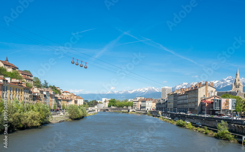 Grenoble-Bastille cable car, four bubbles on sling, transport to hill and fortress of Bastille cross Isere river in Grenoble, France