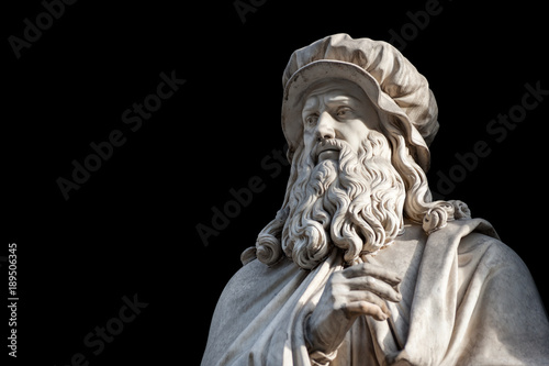 Leonardo Da Vinci statue, by Luigi Pampaloni, 1839. It is located in the Uffizi courtyard, in Florence. On black background (path selection included)