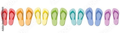 Flip flops - colored summer slippers, symbolic for group travel, team, friends or family holiday - isolated vector illustration on white.