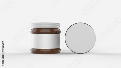 Chocolate spread in jar mock up isolated on soft gray background with white label. Small size. 3D illustrating.