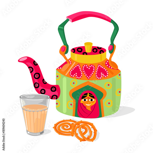 Beautiful indian kettle and masala chai tea. Traditional sweets jalebi. Vector illustration