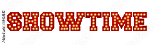 Showtime word made from red vintage lightbulb lettering isolated on a white. 3D Rendering