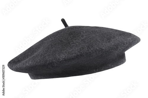 Black french cap beret side view isolated on white