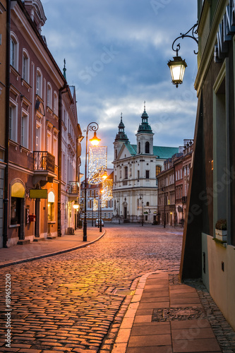 Pauline church of St. Spirit and Freta street at night on the old town in Warsaw, Poland