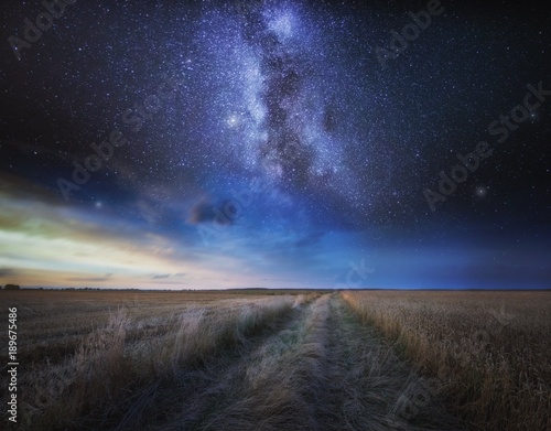 Fine art landscape with starry sky over stubble field