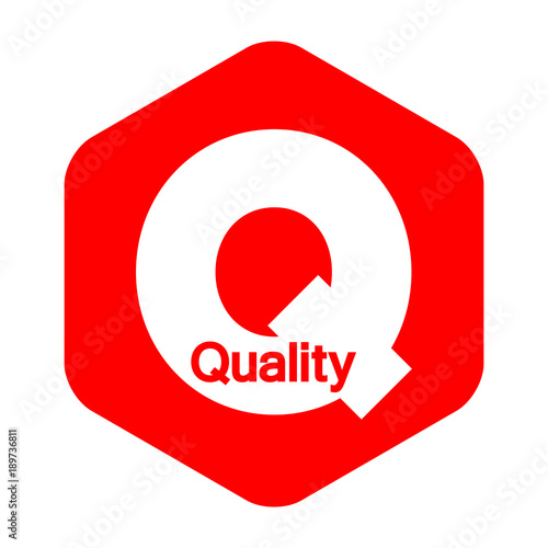 Icono plano Quality espacio negativo en Q en hexagono rojo