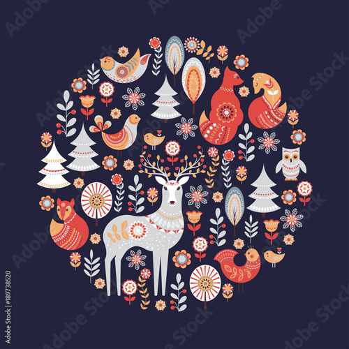 Decorative circular ornament with animals, birds, flowers and trees.