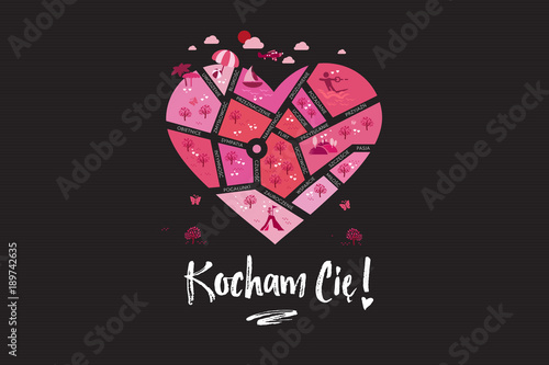 Mapa miłości „Kocham Cię” w kształcie serca z okazji Walentynek 14 lutego - dnia zakochanych
