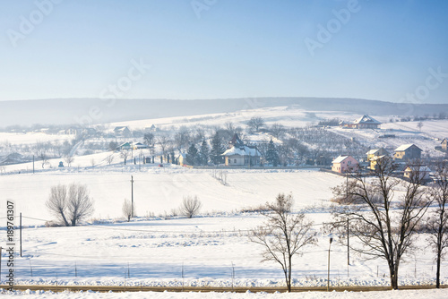 Winter landscape of romania village with snow
