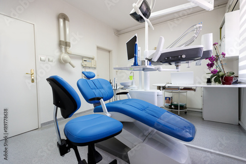 Dental ordination with blue dental chair