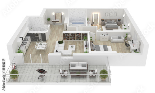 Floor plan top view. Apartment interior isolated on white background. 3D render