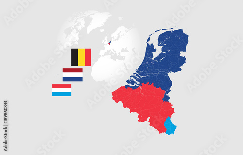 Map of BeNeLux countries with rivers and lakes and the national flags of this countries.